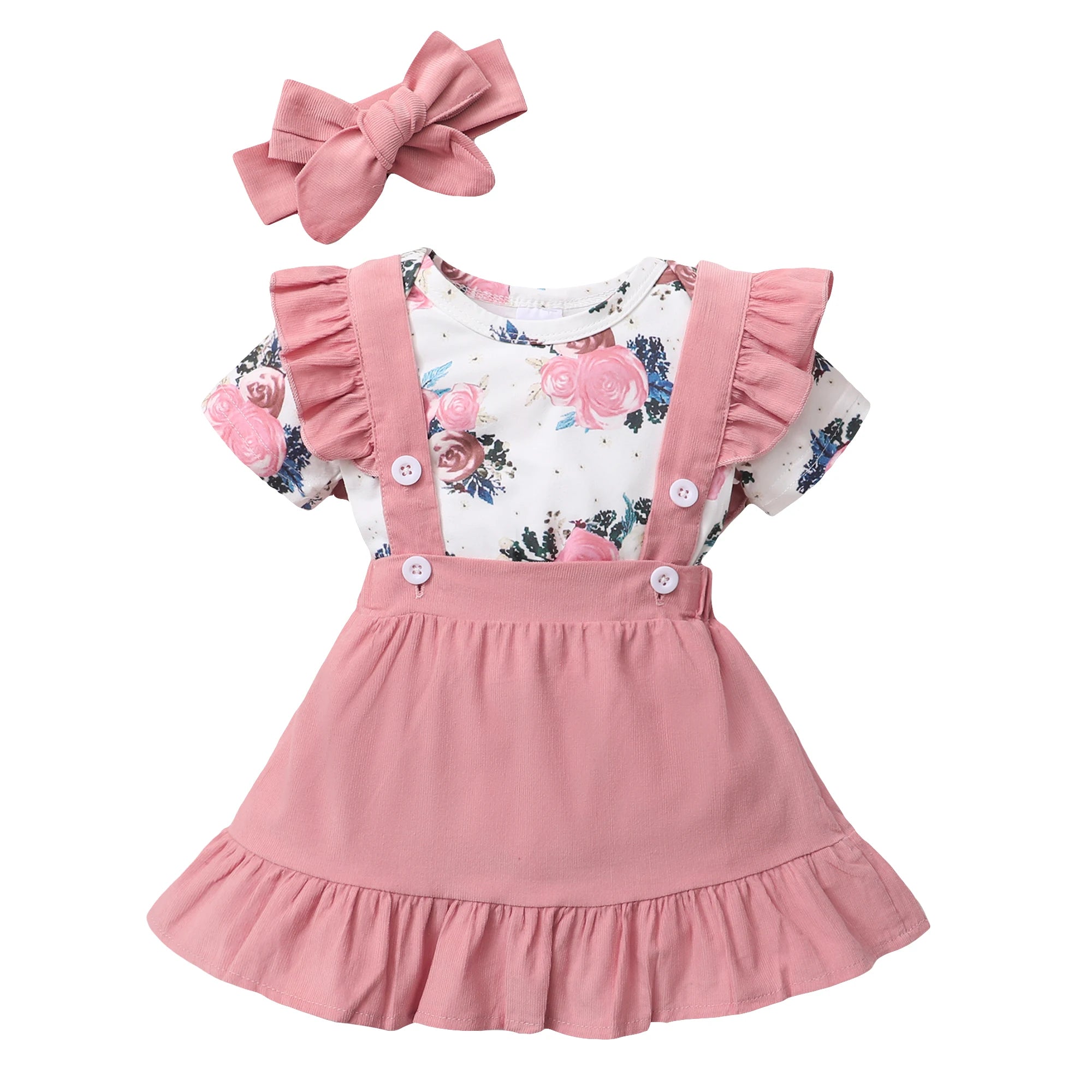 Baby Girl Dress Short Sleeves Floral Bodysuit + Suspender Skirt + Headband 3PCS Outfit