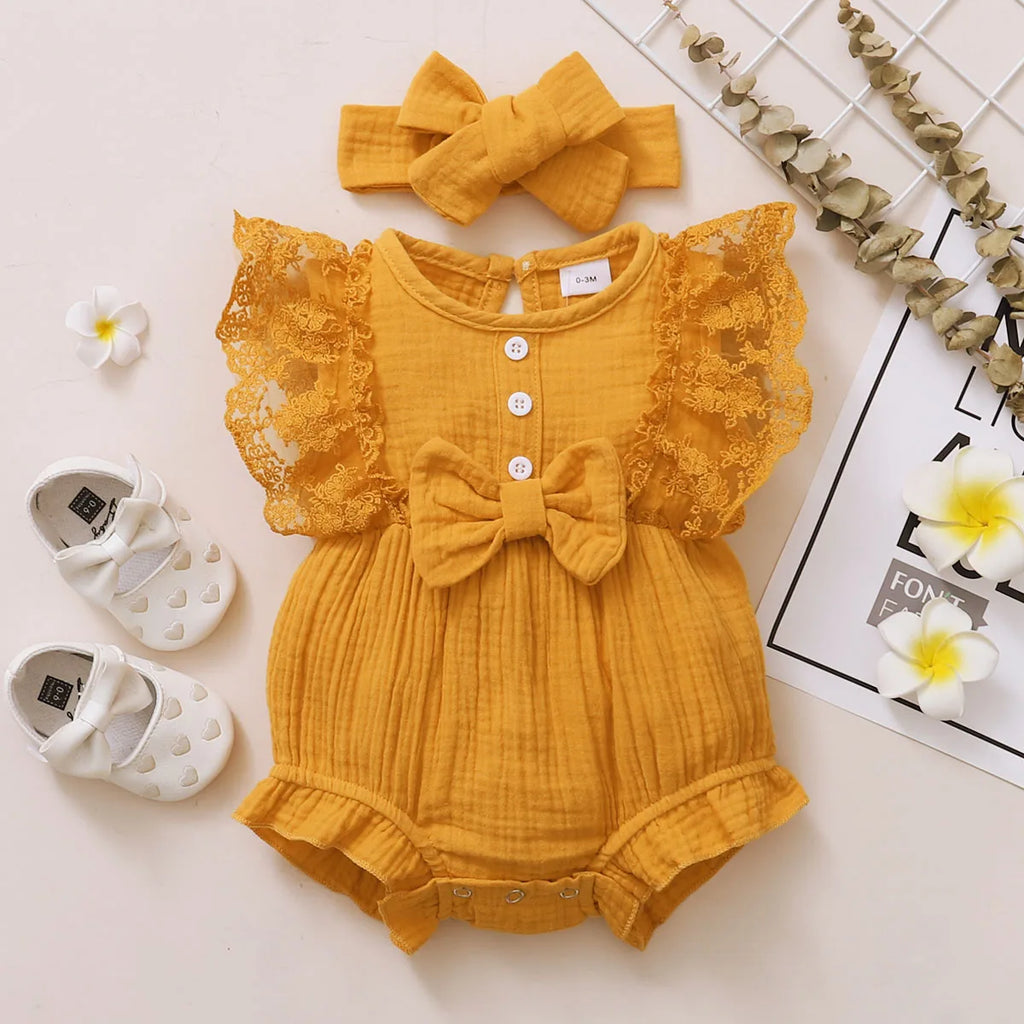 Baby Girl Lace Flared Sleeve Summer Romper with Headband