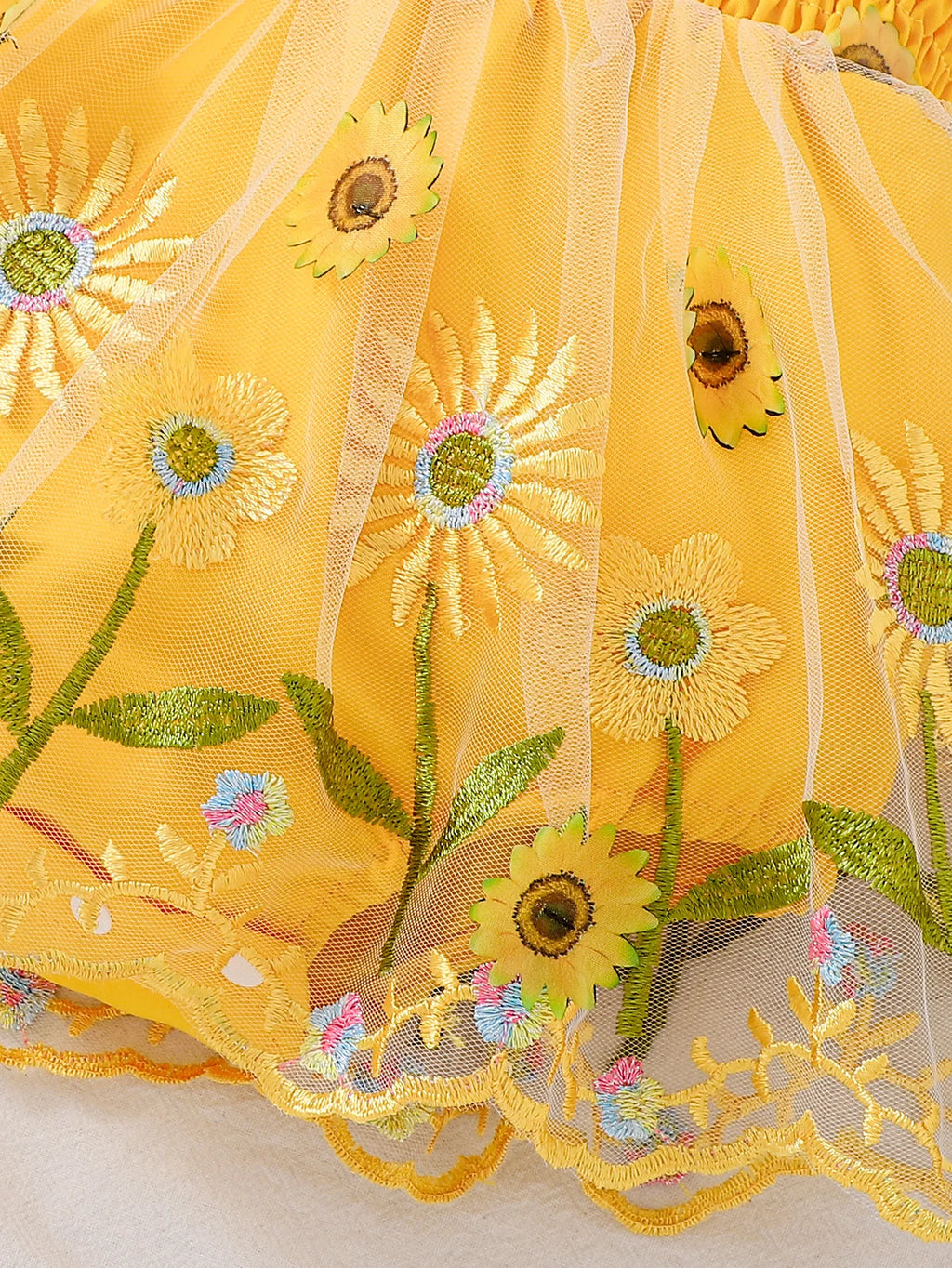 Baby Girl Sunflower Embroidered Tutu Dress Set with Yellow Bow Headband
