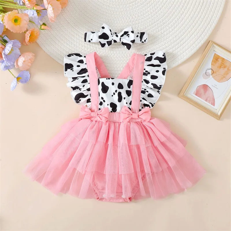 Baby Girl Cow Print Tulle Onesie With Headband  0-24M