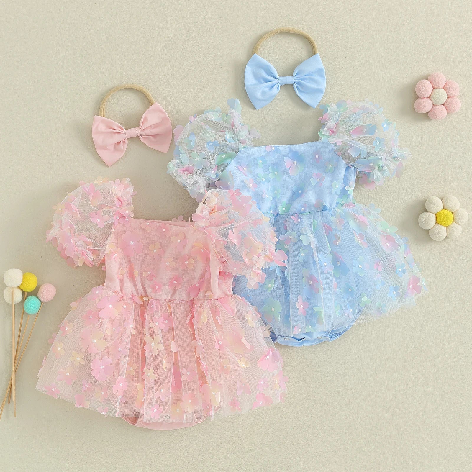 Baby Girl Princess Sweet Short Puff Sleeve 3D Flower Romper Mesh Dress with Headband Set 2Pcs Newborn- 18M