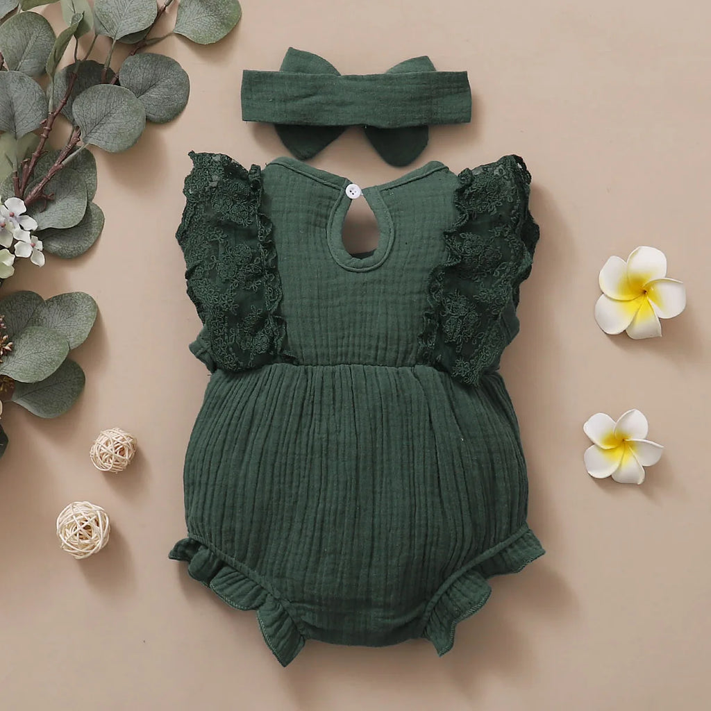 Baby Girl Lace Flared Sleeve Summer Romper with Headband