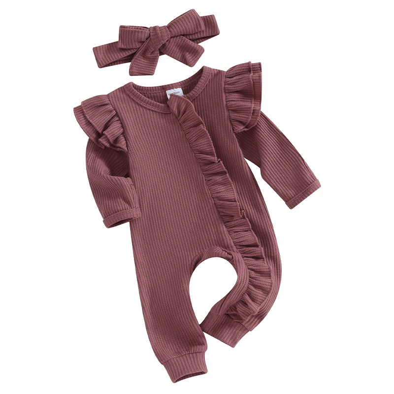 Girls Solid Color Waffles Jumpsuits With Headbands Newborn- 12M