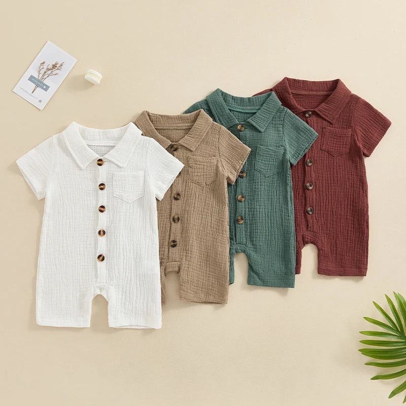 Boys Solid Cotton Linen Pocket Short Sleeve Button Jumpsuits