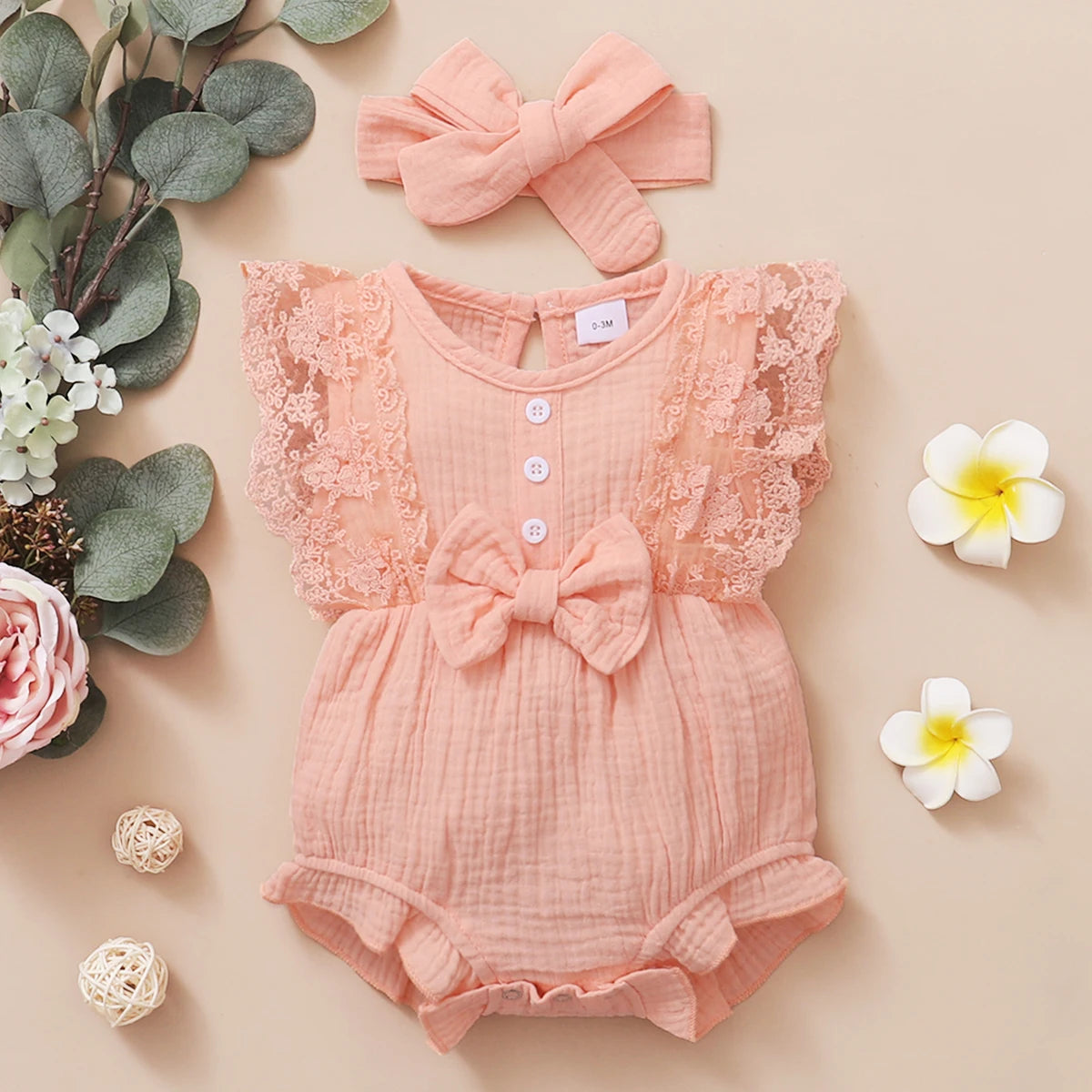 Baby Girl Lace Flared Sleeve Summer Romper with Headband