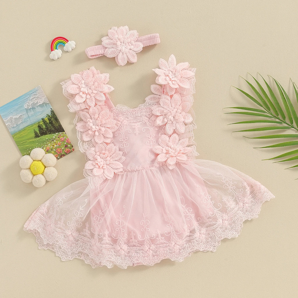 Baby Girl Floral Lace Jumpsuits with Head Band