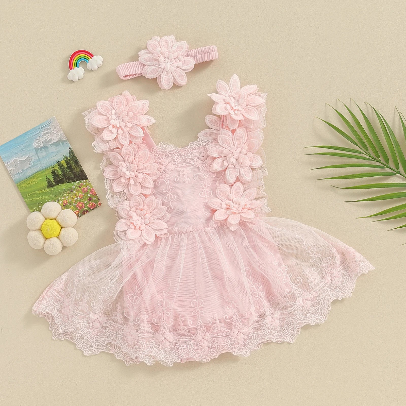 Baby Girl Floral Lace Jumpsuits with Head Band