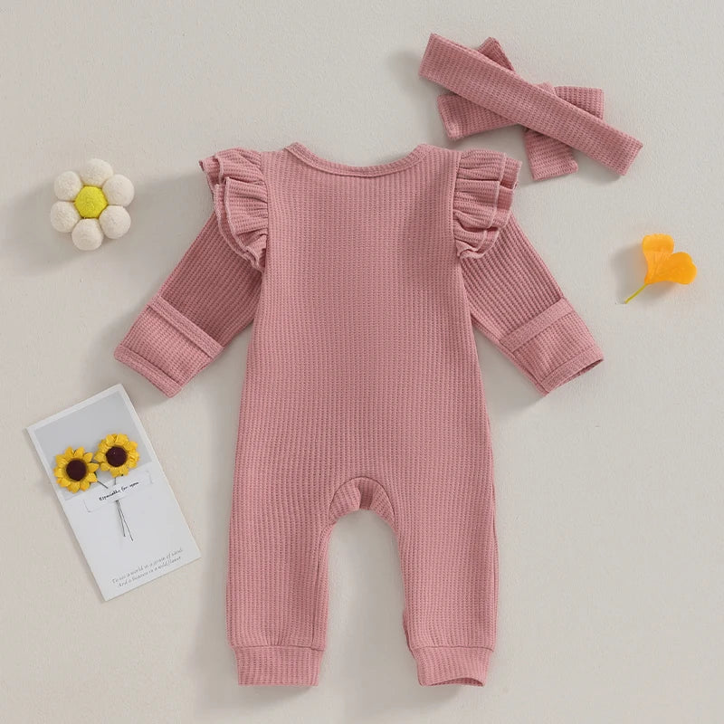 Girls Solid Color Waffles Jumpsuits With Headbands Newborn- 12M