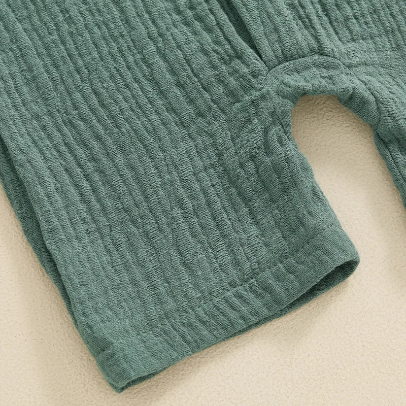 Boys Solid Cotton Linen Pocket Short Sleeve Button Jumpsuits