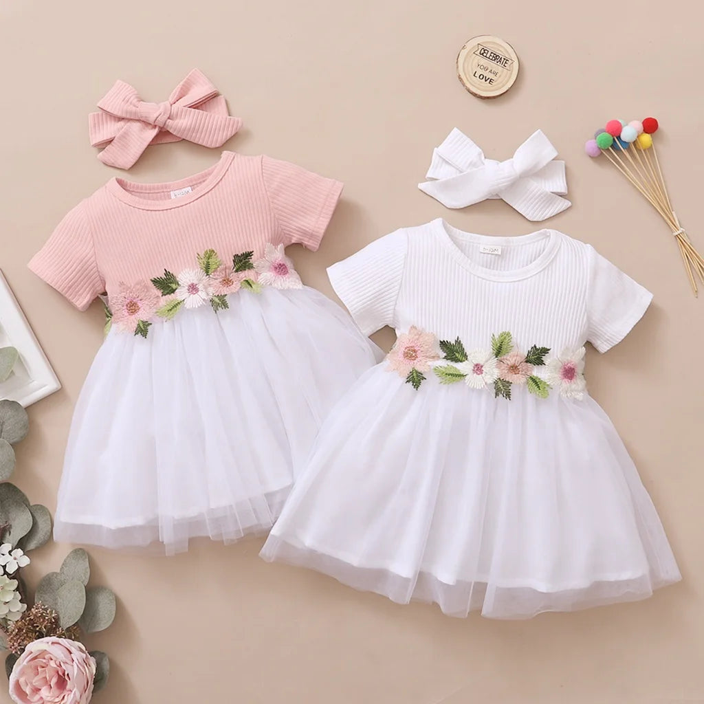 Baby Girl Embroideried Dress With Tulle and Matching Headband