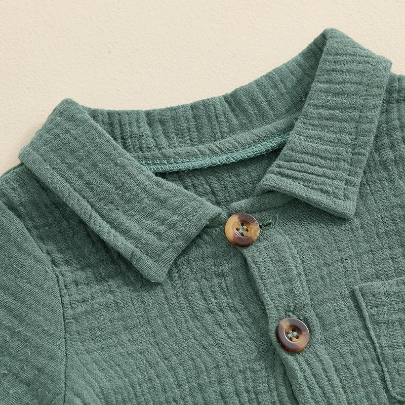 Boys Solid Cotton Linen Pocket Short Sleeve Button Jumpsuits