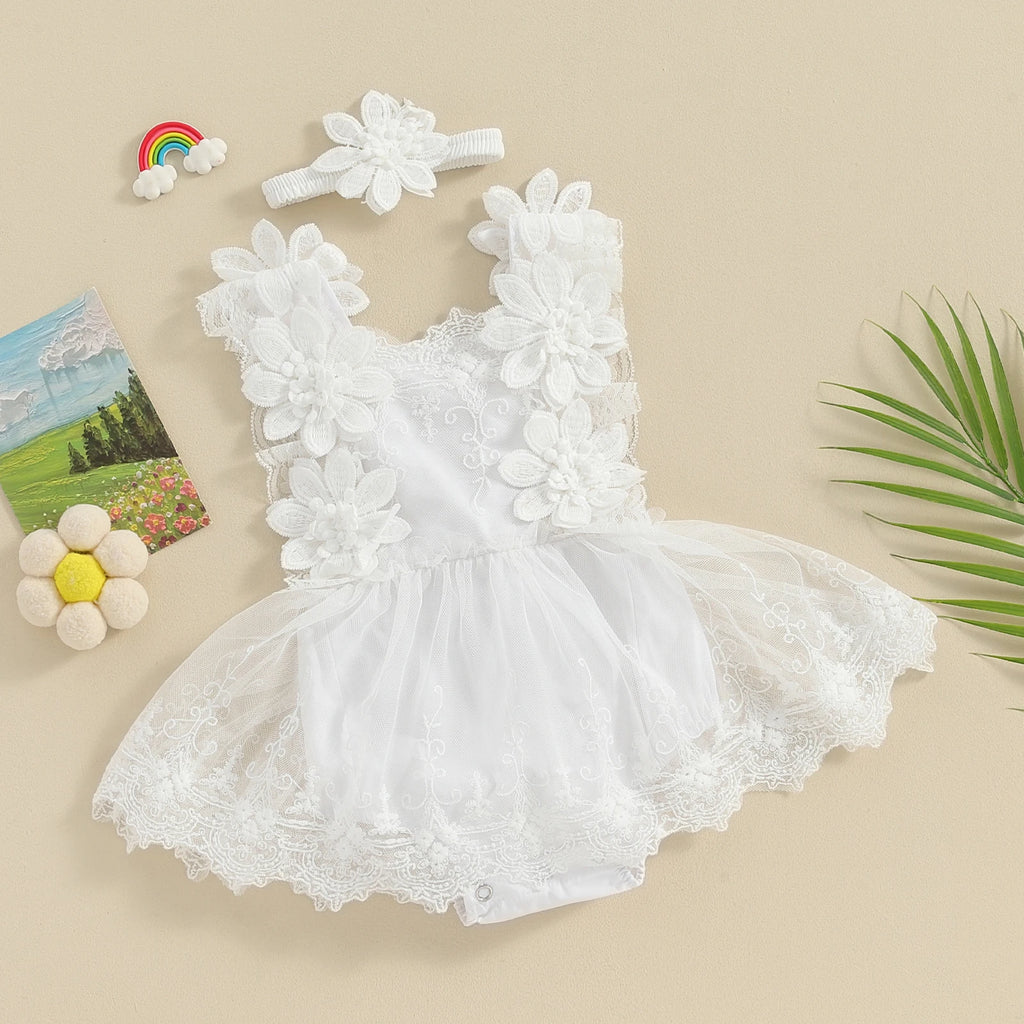 Baby Girl Floral Lace Jumpsuits with Head Band