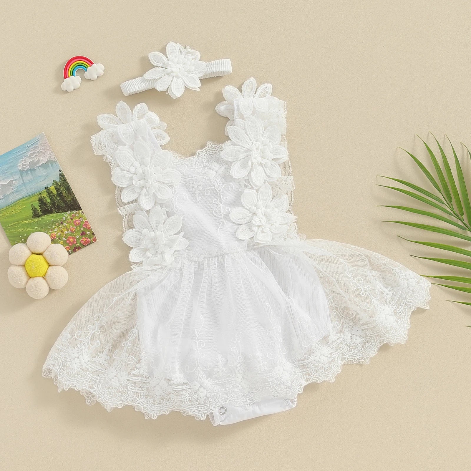 Baby Girl Floral Lace Jumpsuits with Head Band
