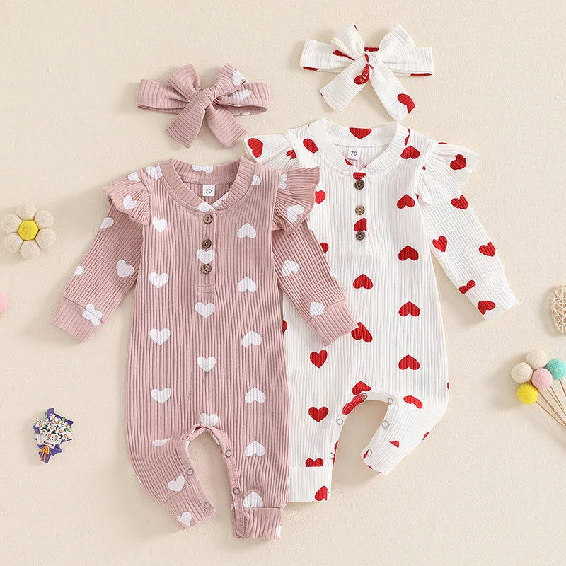 Baby Girl Knitted Long Sleeve Heart Print Jumpsuit with Headband