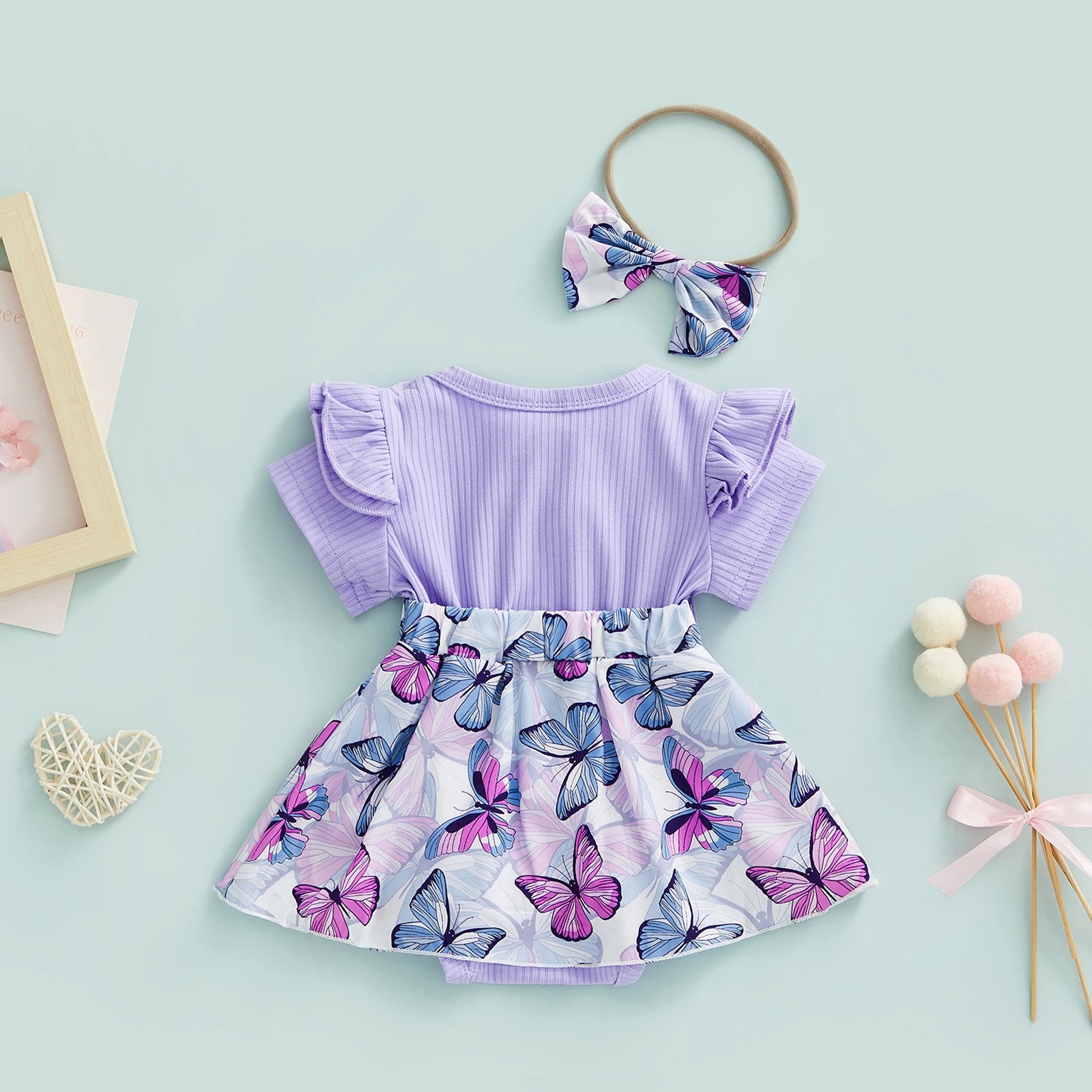 Baby Girl Short Sleeve Bodysuit + Bow Headband Print Princess Purple Clothing