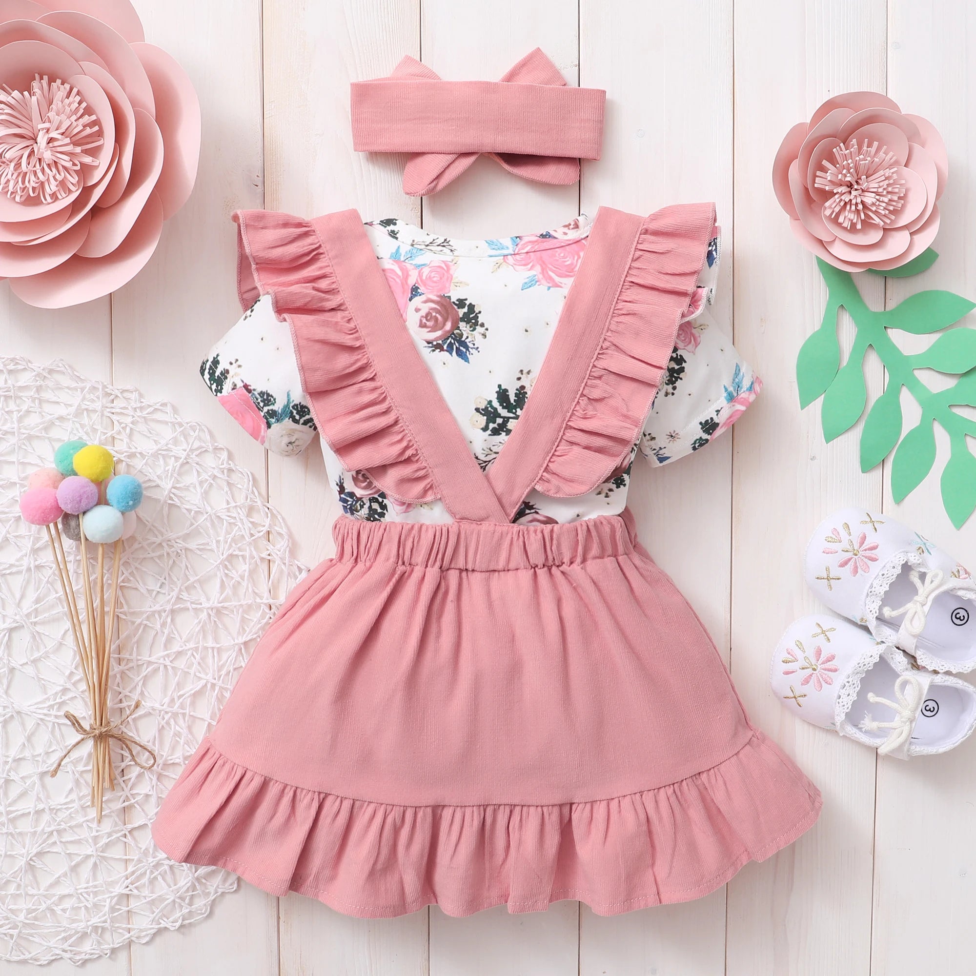 Baby Girl Dress Short Sleeves Floral Bodysuit + Suspender Skirt + Headband 3PCS Outfit