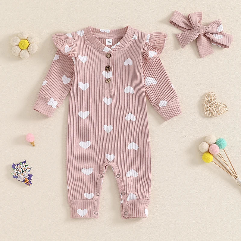 Baby Girl Knitted Long Sleeve Heart Print Jumpsuit with Headband