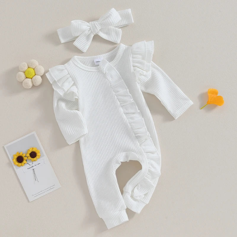 Girls Solid Color Waffles Jumpsuits With Headbands Newborn- 12M