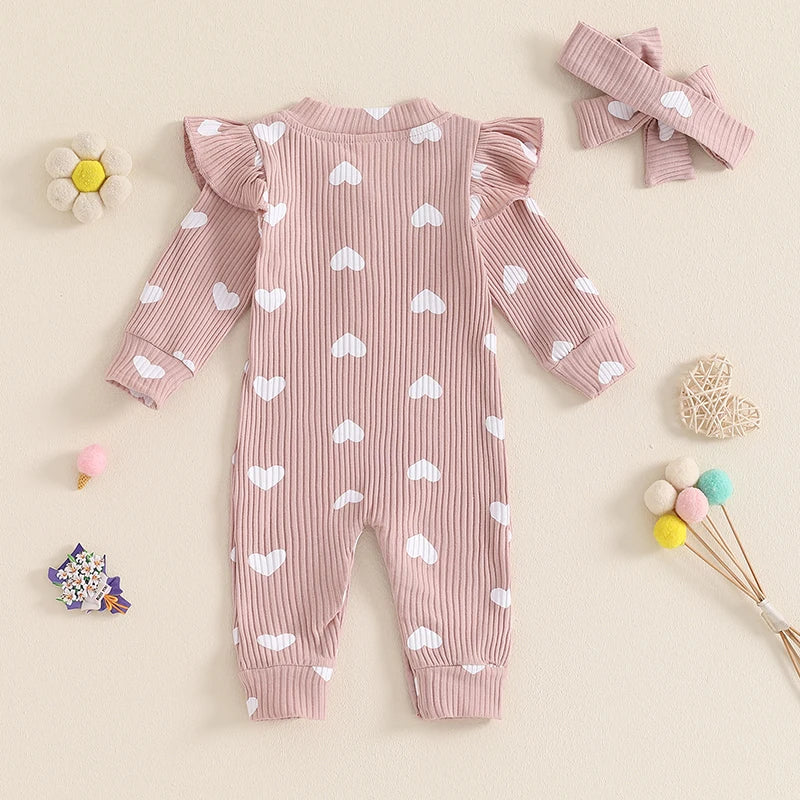 Baby Girl Knitted Long Sleeve Heart Print Jumpsuit with Headband