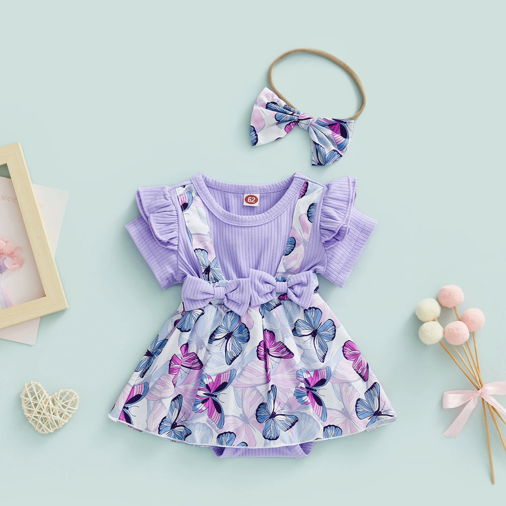 Baby Girl Short Sleeve Bodysuit + Bow Headband Print Princess Purple Clothing