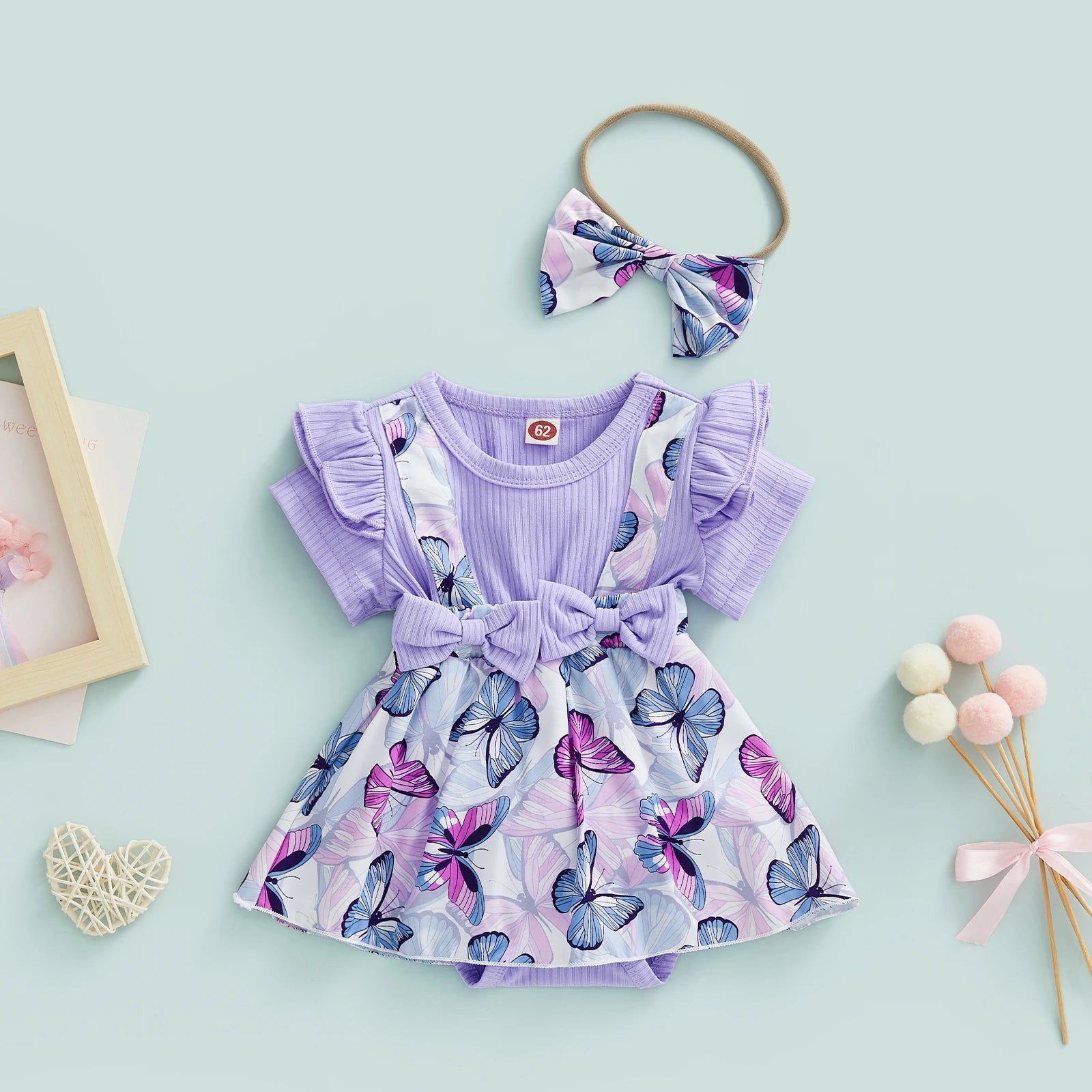 Baby Girl Short Sleeve Bodysuit + Bow Headband Print Princess Purple Clothing