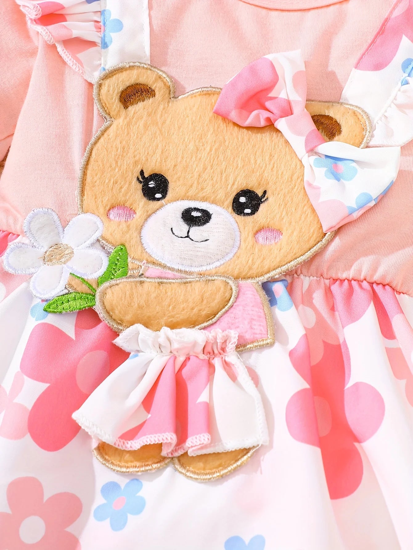 Baby Girl Two-Piece Floral Teddy Bear Set With Headband Newborn- 18M