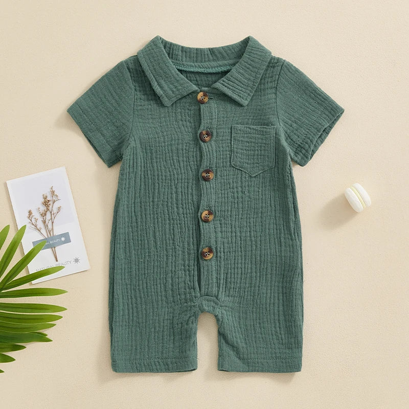 Boys Solid Cotton Linen Pocket Short Sleeve Button Jumpsuits