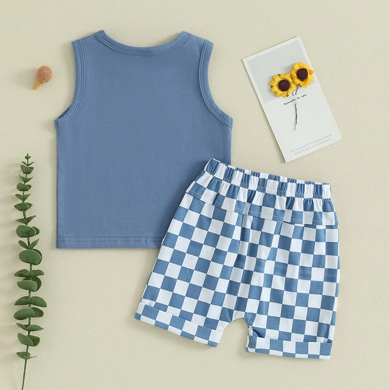 Boy Clothes Sleeveless Tank Top Checkered Shorts 2 Piece Outfit 3M- 3T