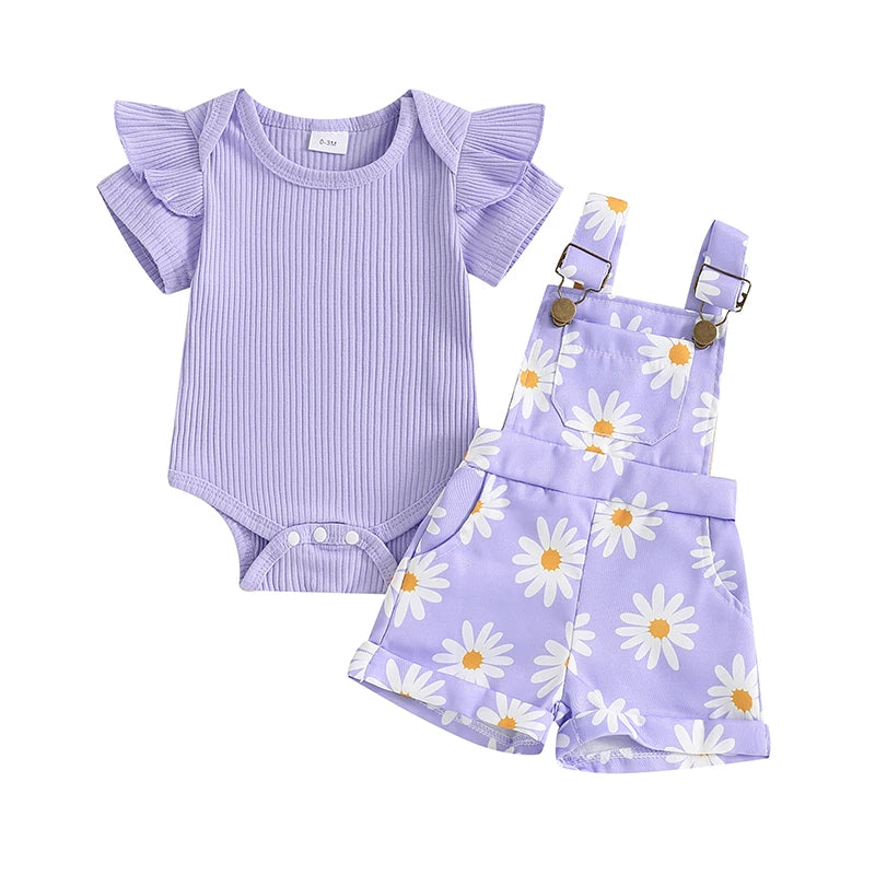 Girls Short Sleeve Romper with Flower Print Suspender Shorts Set  3M-18M