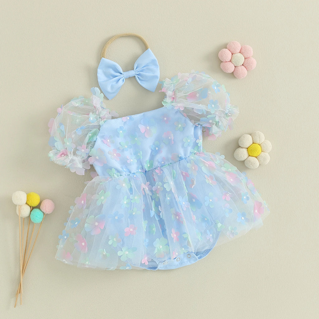Baby Girl Princess Sweet Short Puff Sleeve 3D Flower Romper Mesh Dress with Headband Set 2Pcs Newborn- 18M