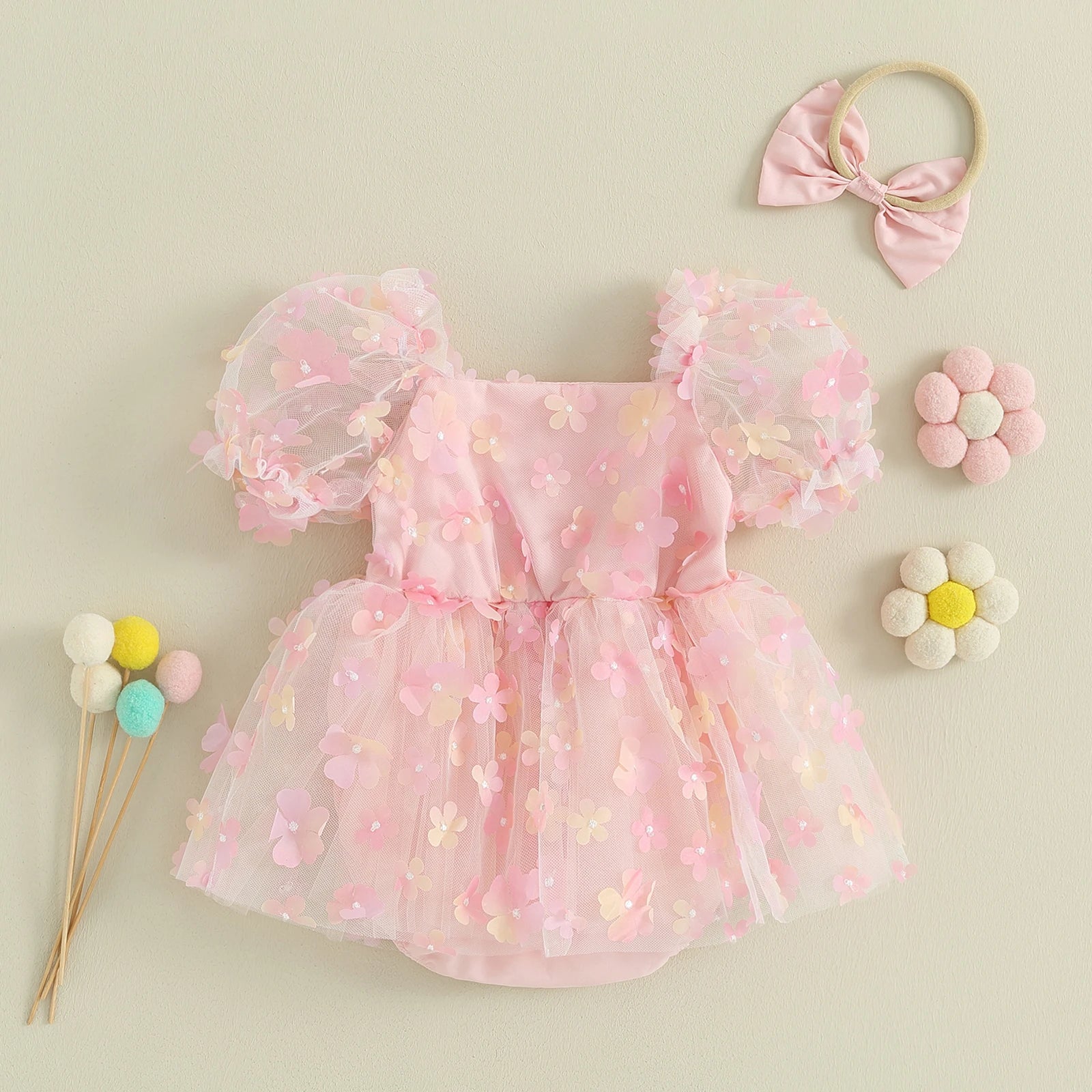 Baby Girl Princess Sweet Short Puff Sleeve 3D Flower Romper Mesh Dress with Headband Set 2Pcs Newborn- 18M