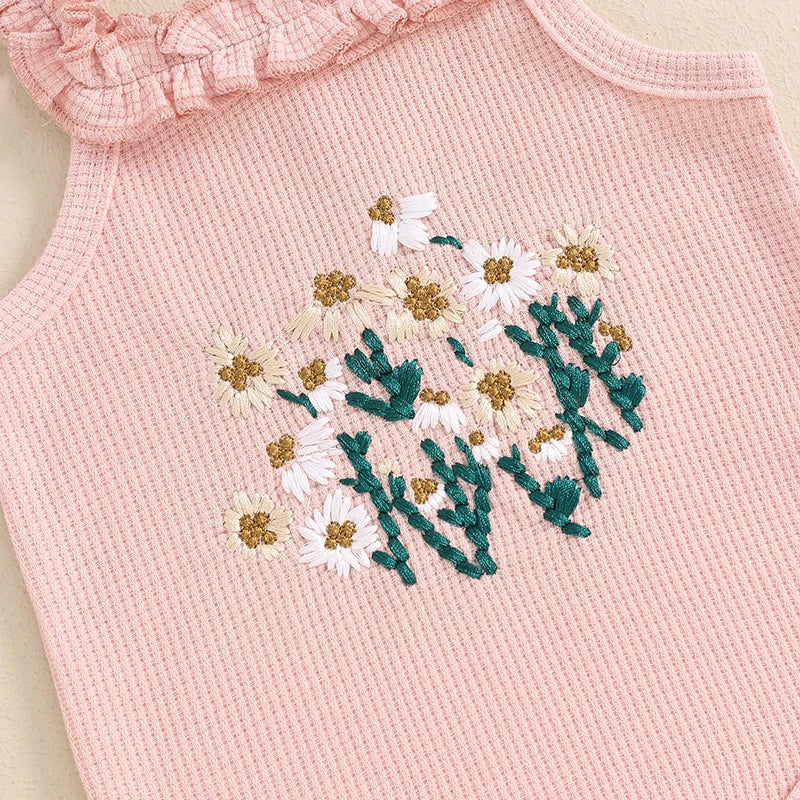 Flower Embroidered Sleeveless Romper Set With Headband