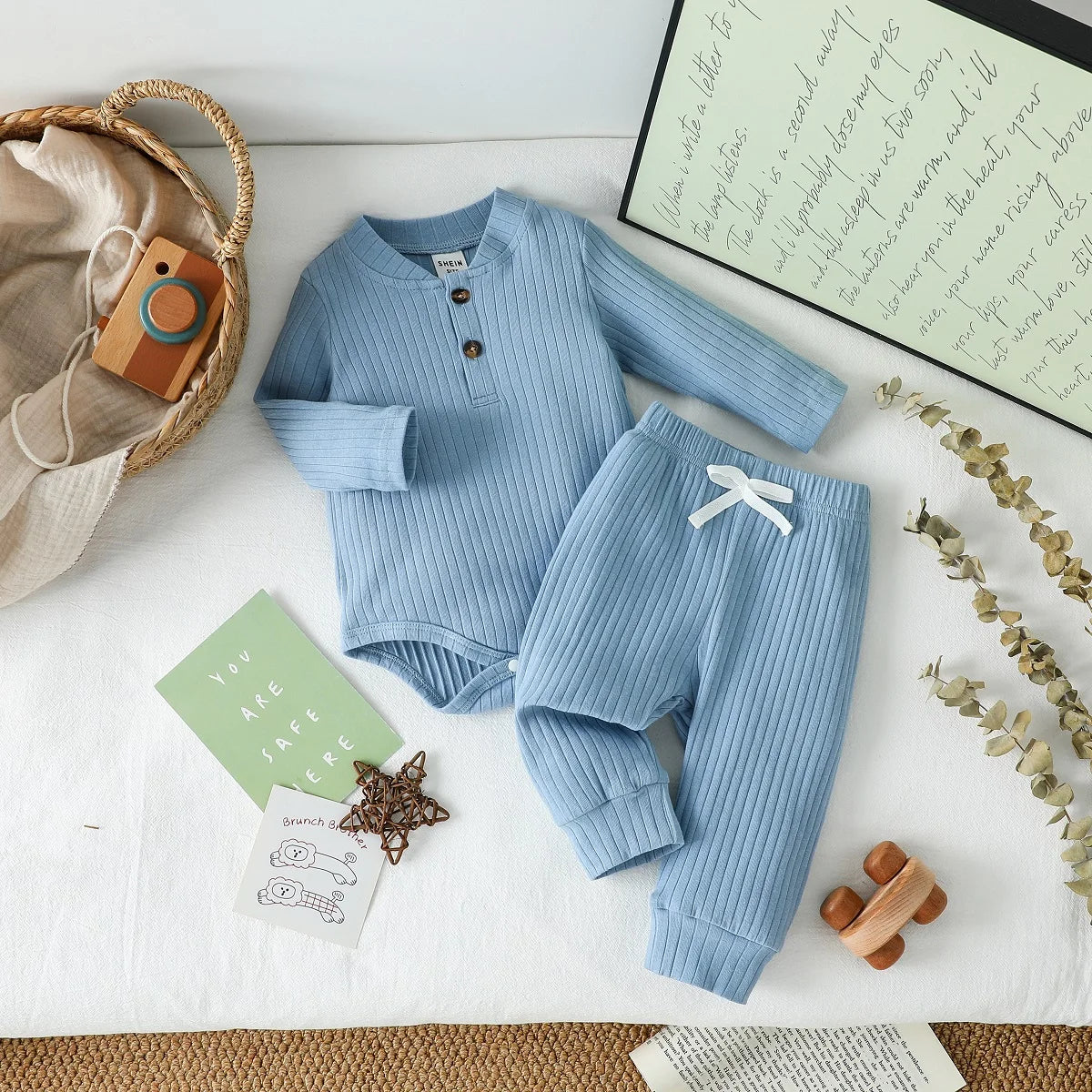 Long Sleeved Ribbed Solid 2pc Set  Newborn- 24M