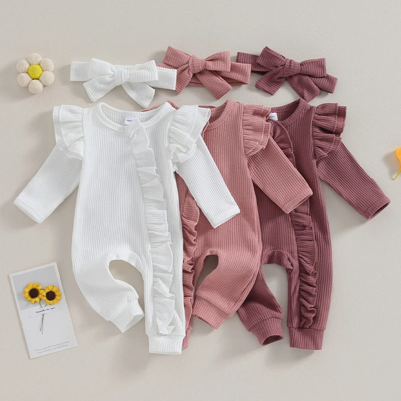 Girls Solid Color Waffles Jumpsuits With Headbands Newborn- 12M