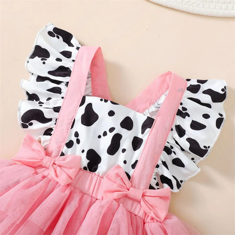 Baby Girl Cow Print Tulle Onesie With Headband  0-24M