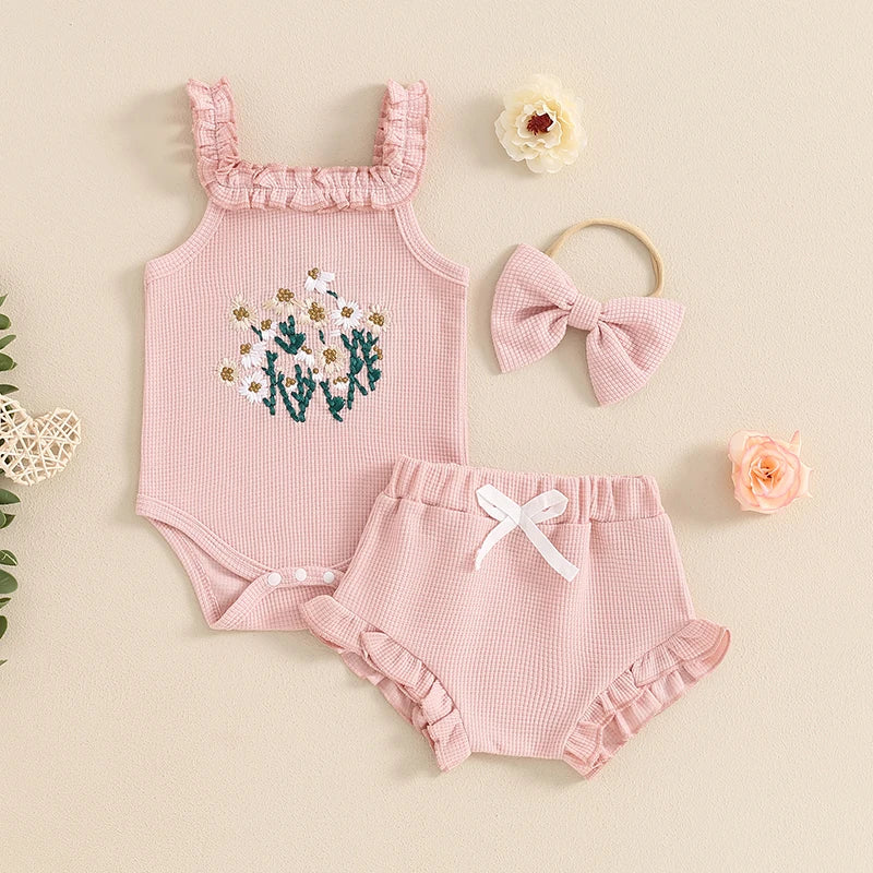 Flower Embroidered Sleeveless Romper Set With Headband