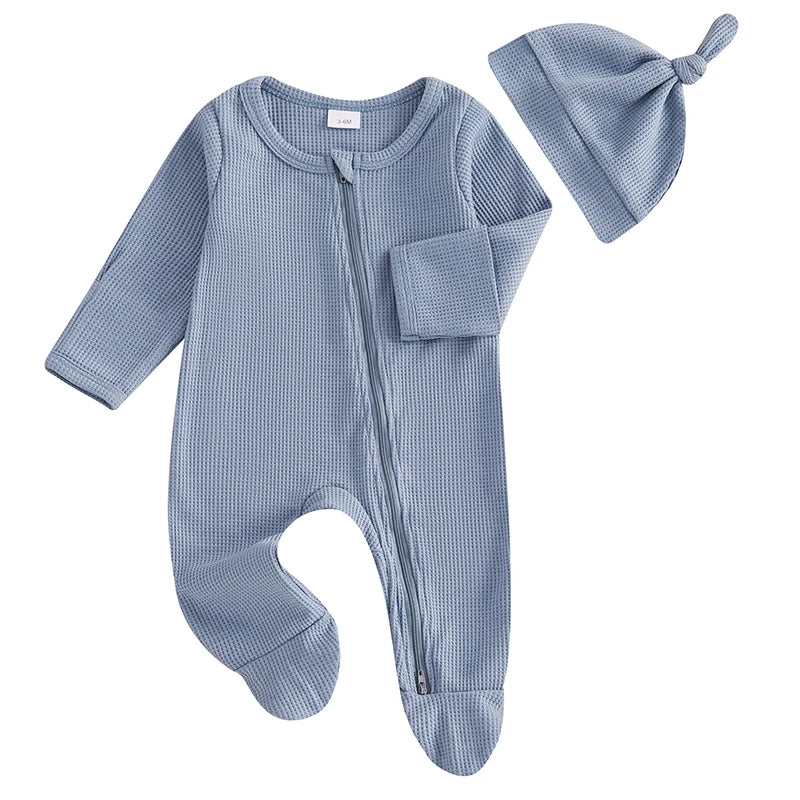 Newborn Baby Fall Footed Romper Solid Color Waffle Long Sleeve Crew Neck Zipper Jumpsuit with Hat