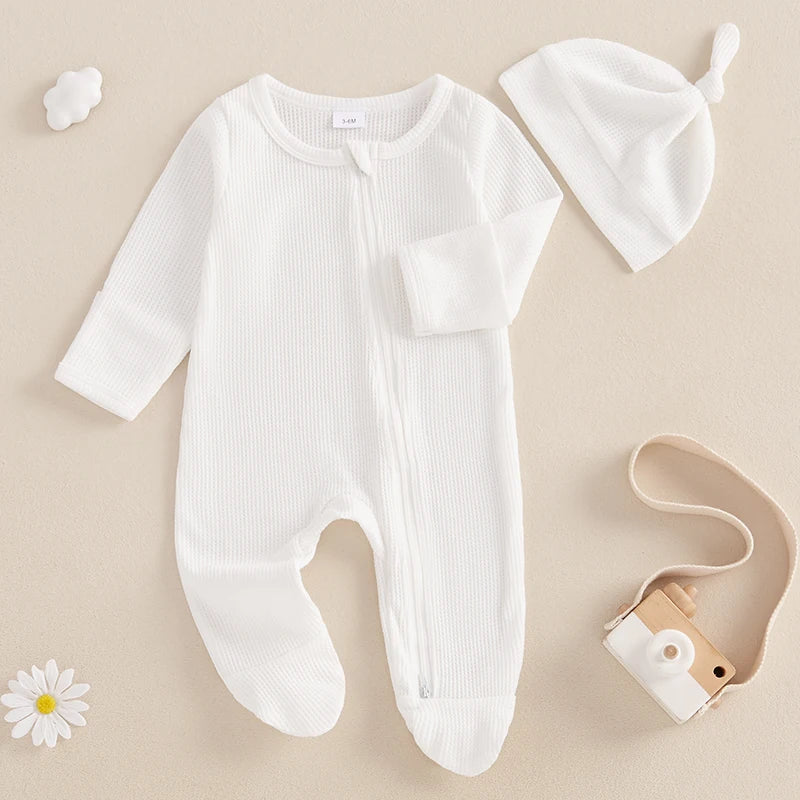 Newborn Baby Fall Footed Romper Solid Color Waffle Long Sleeve Crew Neck Zipper Jumpsuit with Hat