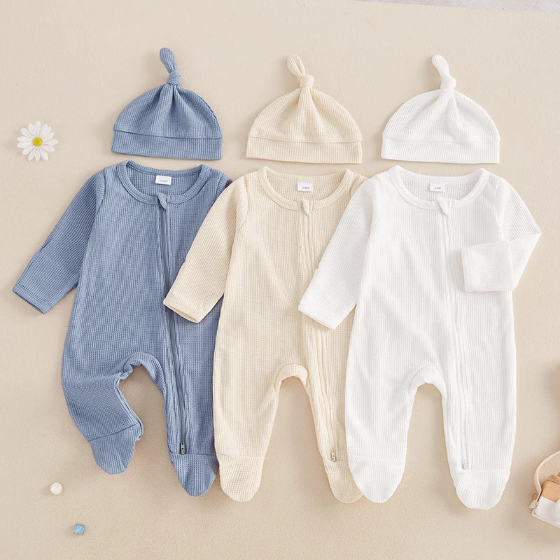 Newborn Baby Fall Footed Romper Solid Color Waffle Long Sleeve Crew Neck Zipper Jumpsuit with Hat