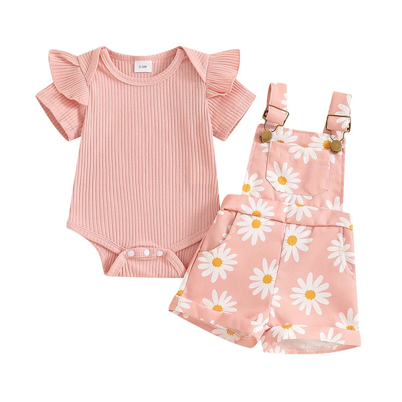 Girls Short Sleeve Romper with Flower Print Suspender Shorts Set  3M-18M