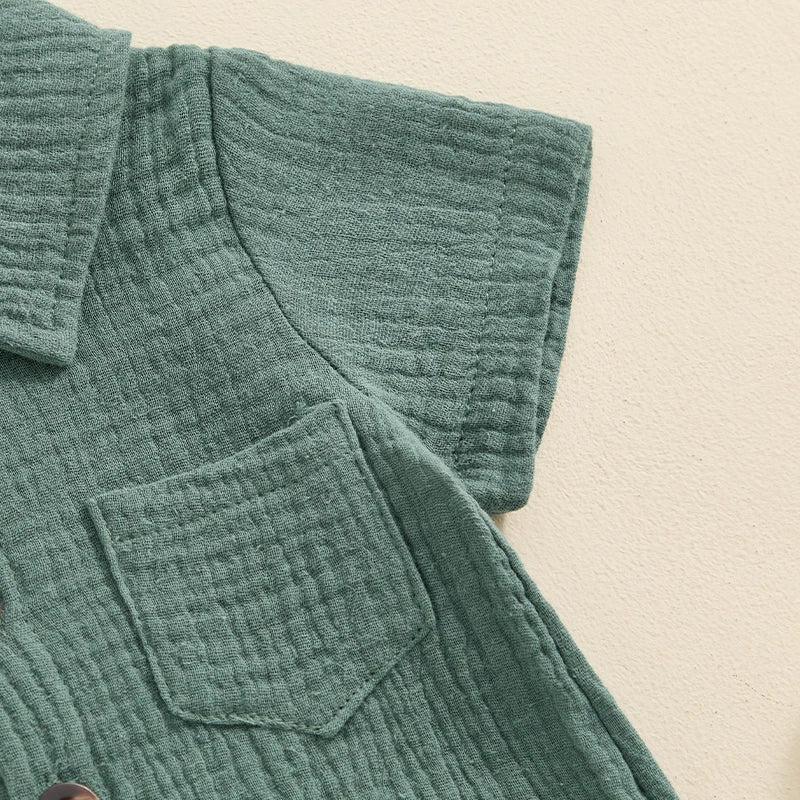 Boys Solid Cotton Linen Pocket Short Sleeve Button Jumpsuits