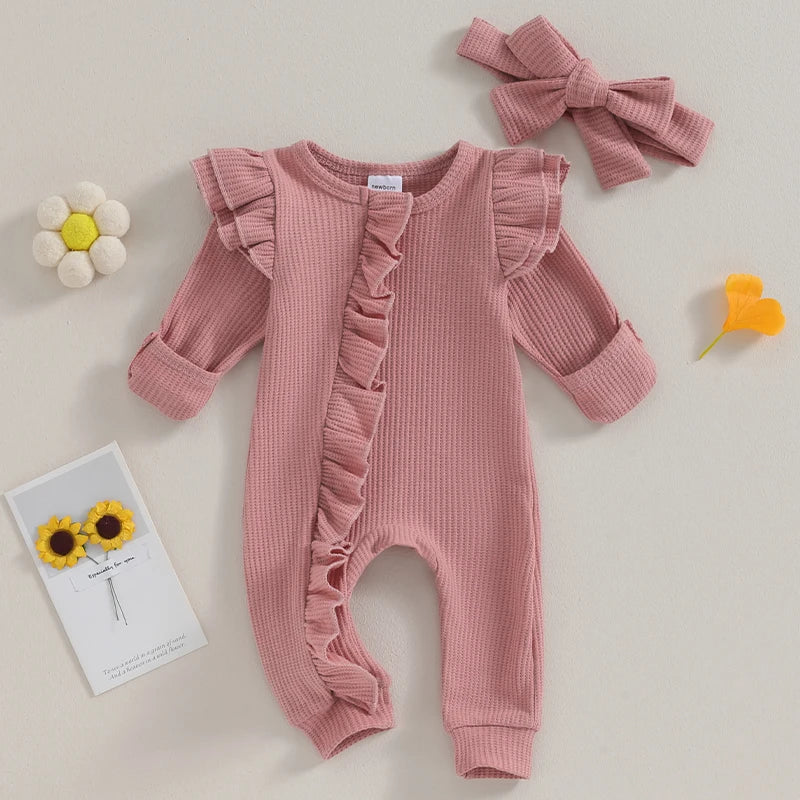 Girls Solid Color Waffles Jumpsuits With Headbands Newborn- 12M