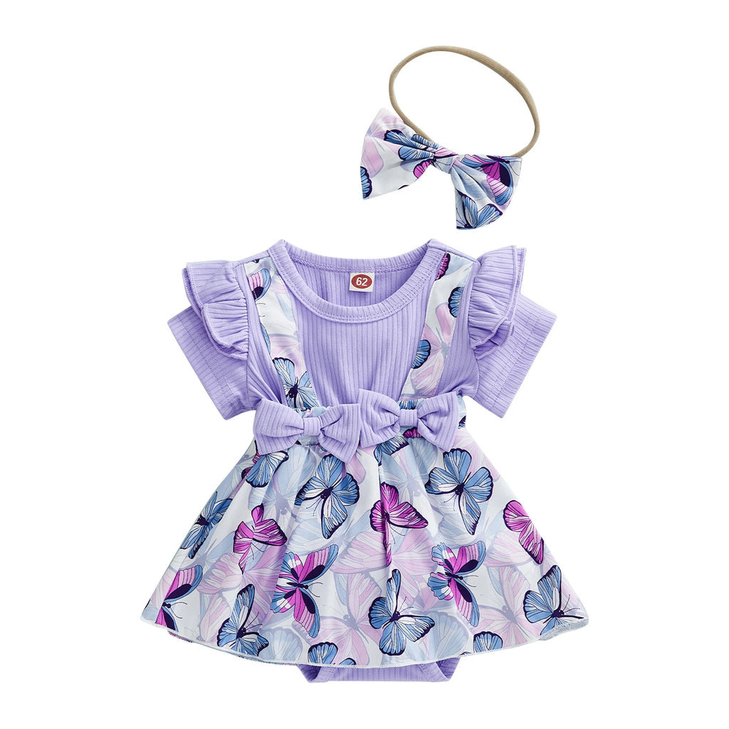 Baby Girl Short Sleeve Bodysuit + Bow Headband Print Princess Purple Clothing