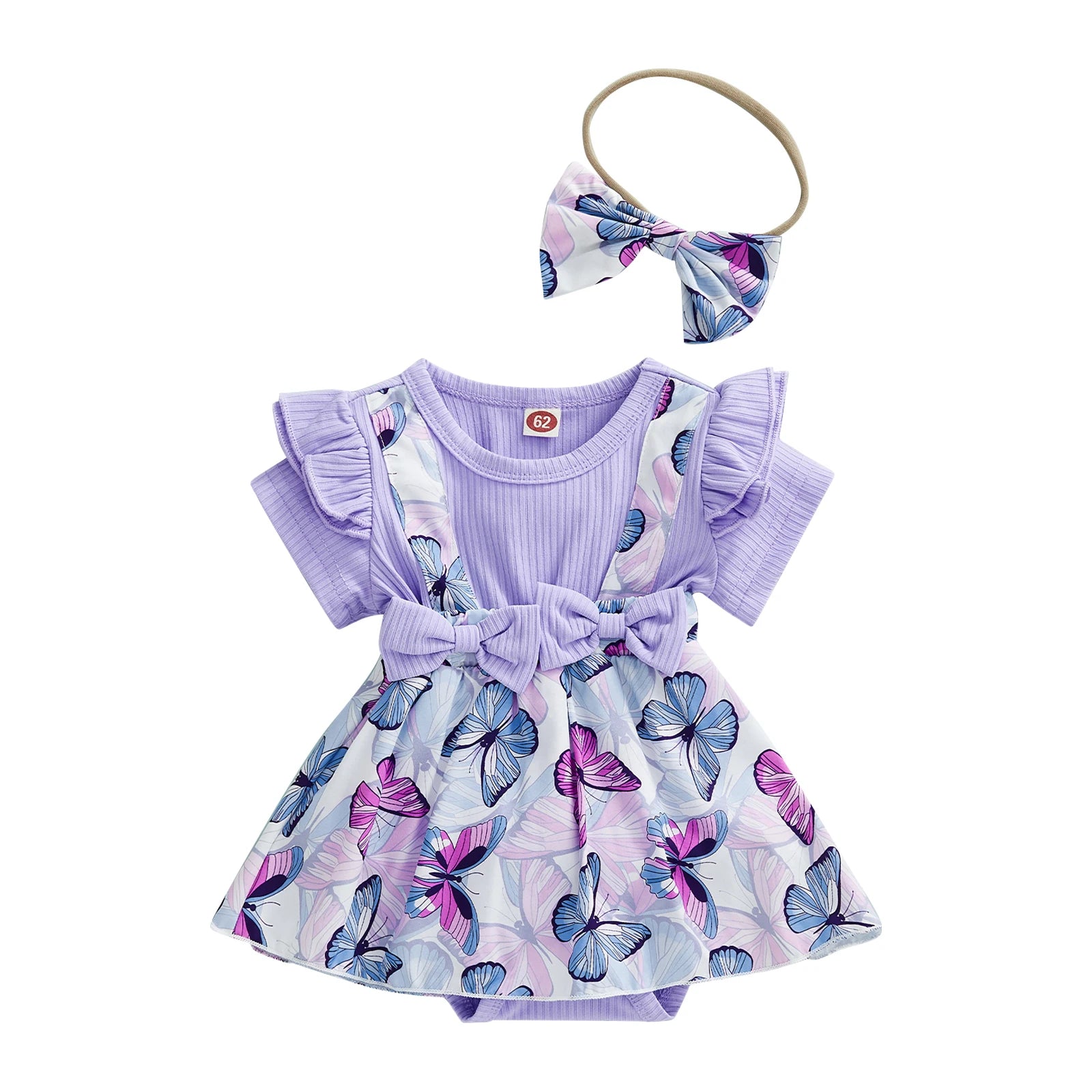 Baby Girl Short Sleeve Bodysuit + Bow Headband Print Princess Purple Clothing