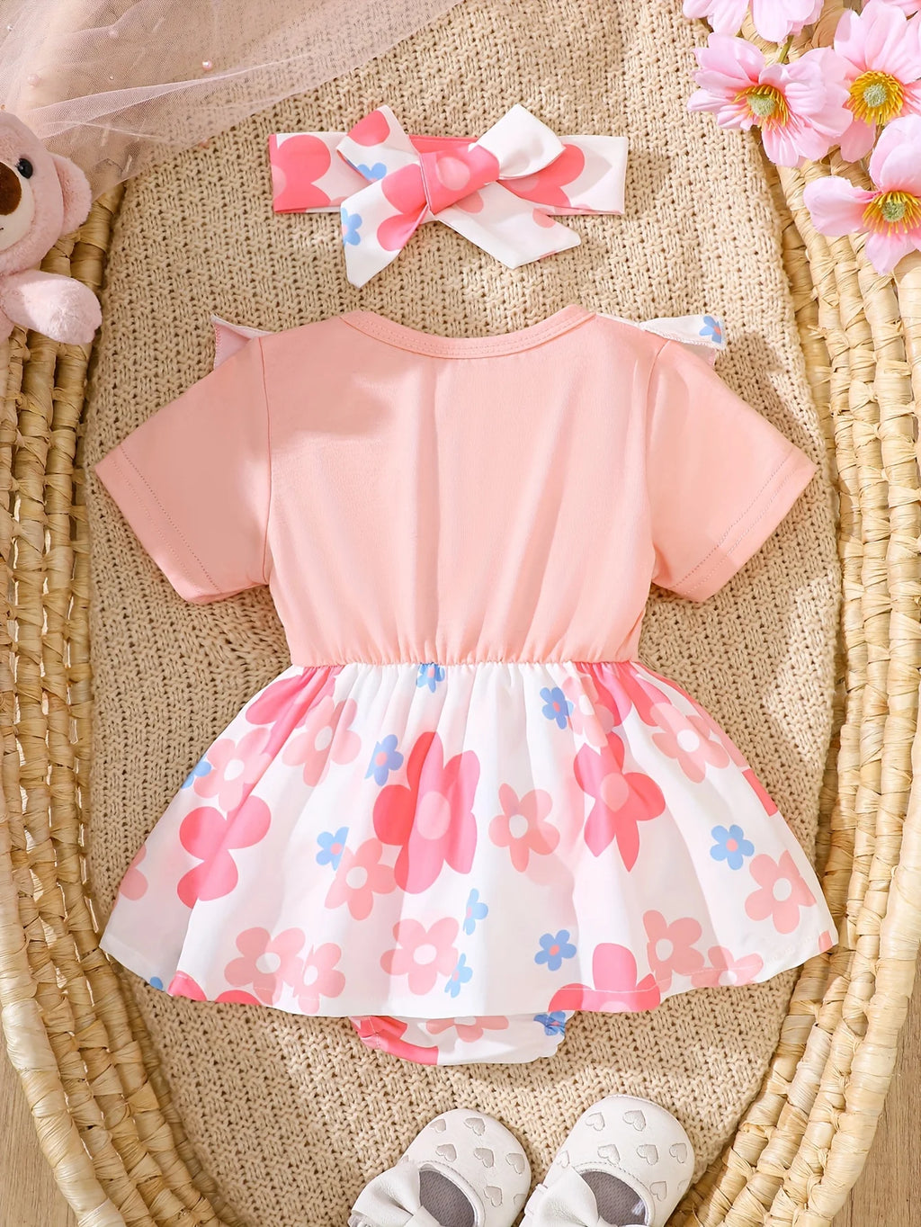 Baby Girl Two-Piece Floral Teddy Bear Set With Headband Newborn- 18M