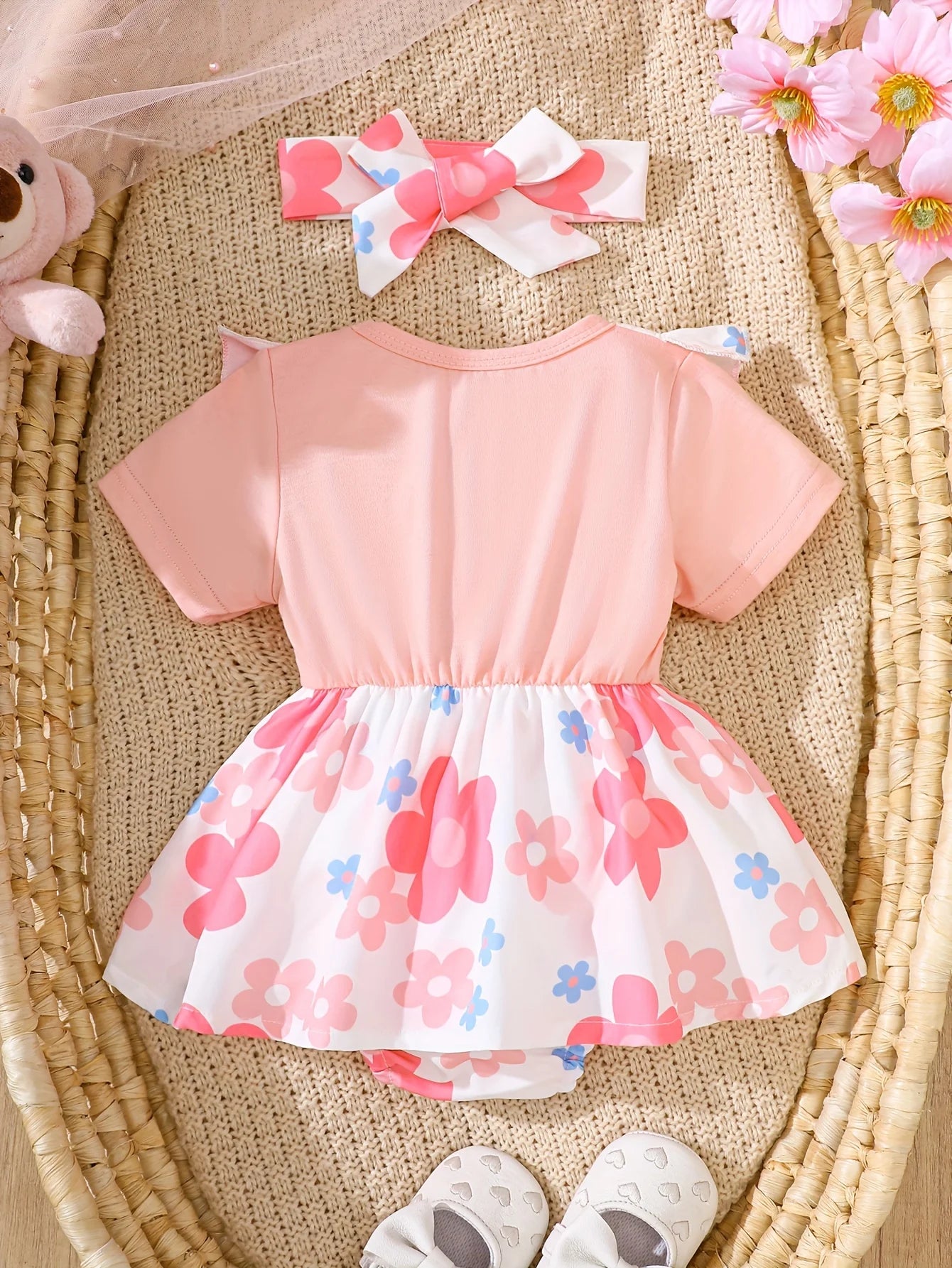 Baby Girl Two-Piece Floral Teddy Bear Set With Headband Newborn- 18M