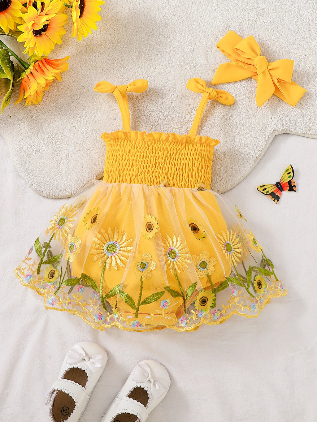 Baby Girl Sunflower Embroidered Tutu Dress Set with Yellow Bow Headband