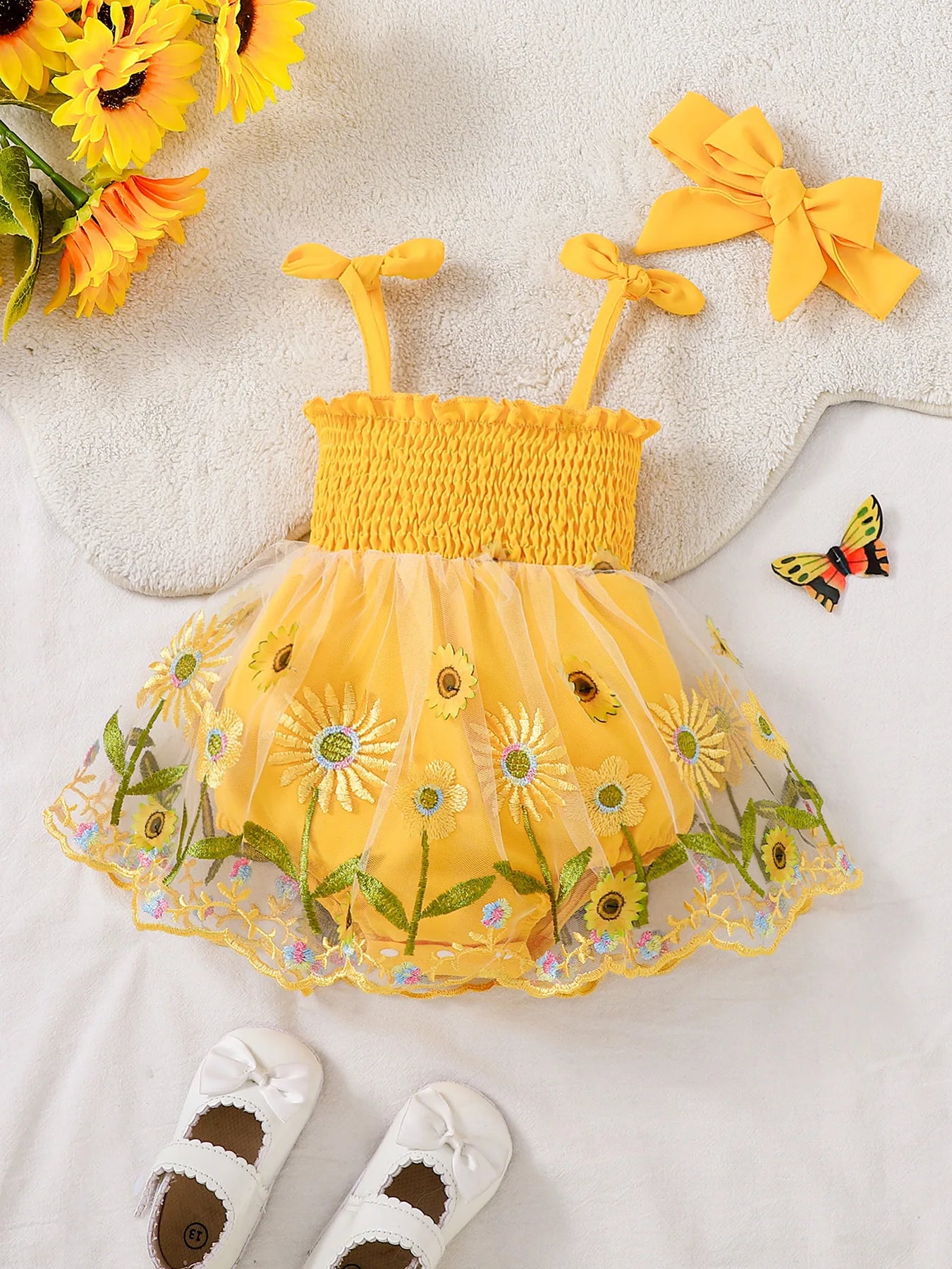 Baby Girl Sunflower Embroidered Tutu Dress Set with Yellow Bow Headband