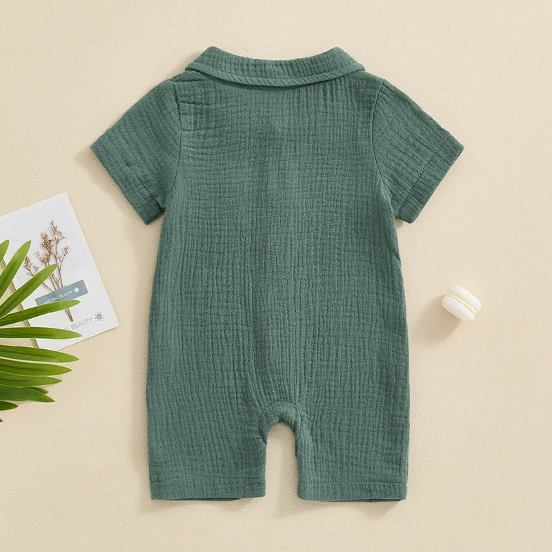 Boys Solid Cotton Linen Pocket Short Sleeve Button Jumpsuits