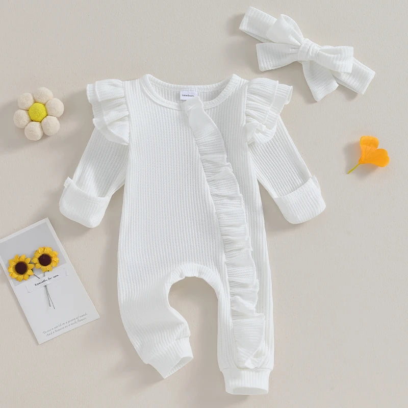 Girls Solid Color Waffles Jumpsuits With Headbands Newborn- 12M